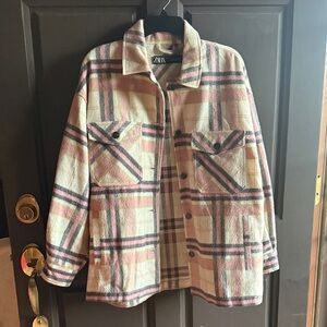 Zara Women's Pink and Cream Plaid Utility Jacket